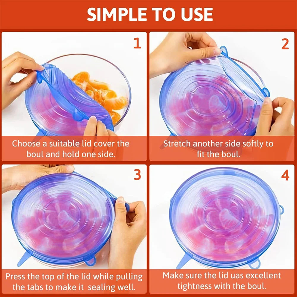 6PCS New Reusable Fresh-keeping Cover Kitchen Gadgets Non-slip Silicone Lids Stretch Bowl Cap