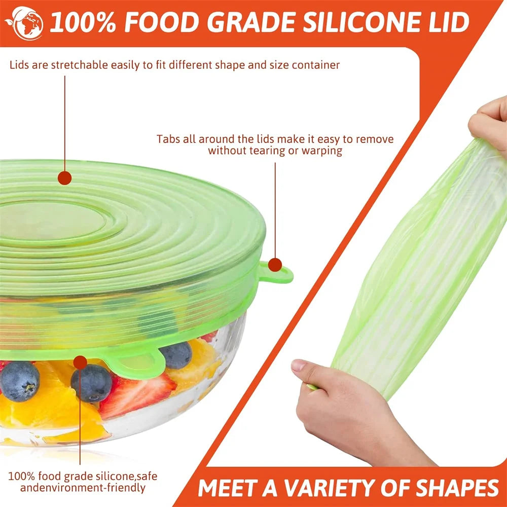 6PCS New Reusable Fresh-keeping Cover Kitchen Gadgets Non-slip Silicone Lids Stretch Bowl Cap